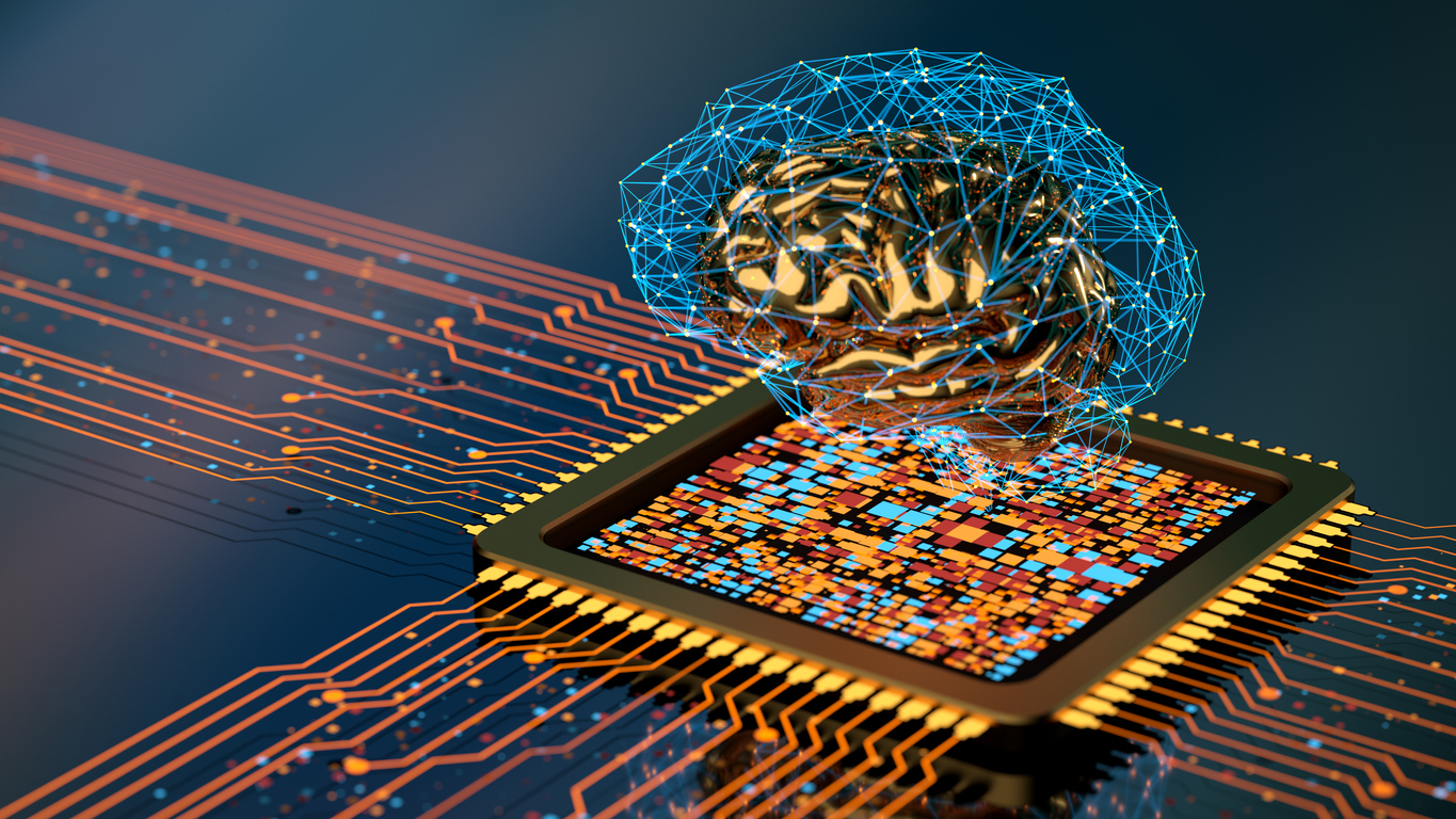 Brain that is surrounded by data mash above a circuit board